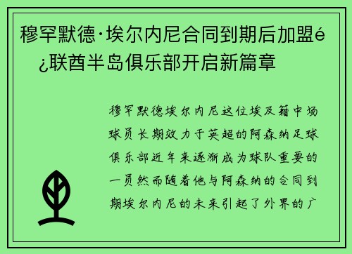 穆罕默德·埃尔内尼合同到期后加盟阿联酋半岛俱乐部开启新篇章