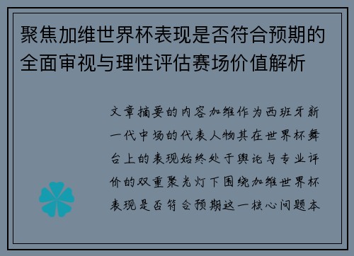 聚焦加维世界杯表现是否符合预期的全面审视与理性评估赛场价值解析